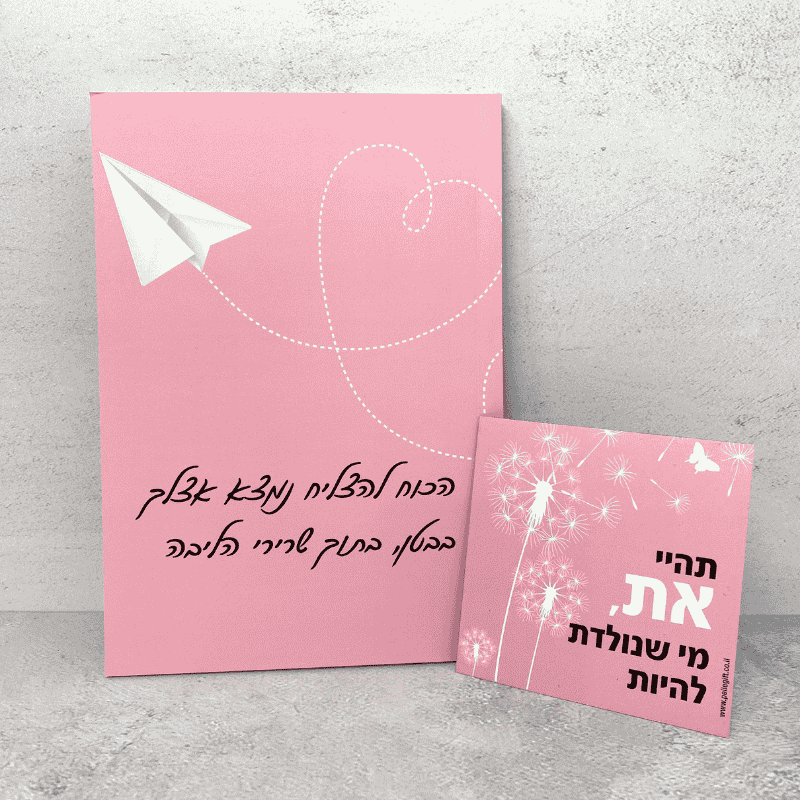 סט מחברת מעוצבת ומגנט קטן דגם תהיי את עיצוב ורוד עם כיתוב שחור ציור של מטוס לבן ולב